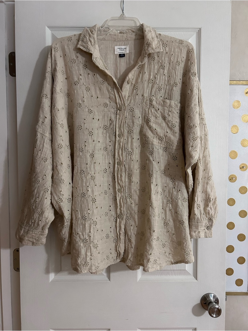 American Eagle Neutral Beige Eyelet Button-Up Blouse